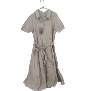 Utcoco‎ Tan White Striped Shirt Dress Cotton Tiered Midi Short Sleeve XL NWT